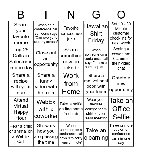 Work From Home Bingo Card