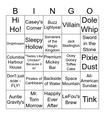 Pixie Dust Bingo - Magic Kingdom Bingo Card