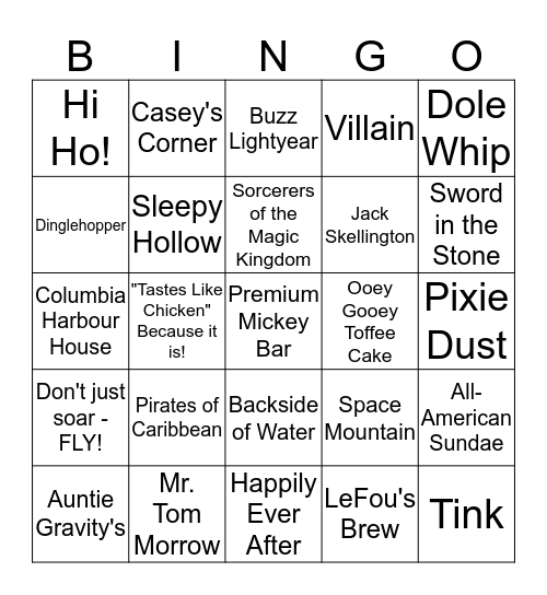 Pixie Dust Bingo - Magic Kingdom Bingo Card