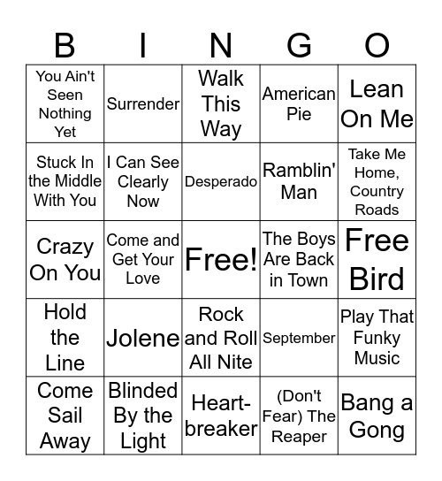 Music Bingo - '70s Bingo Card