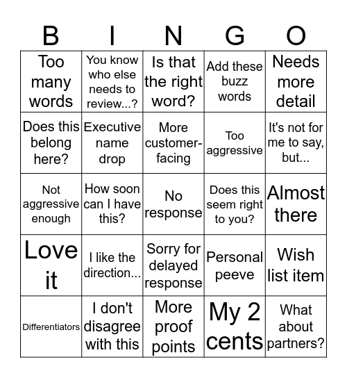 Marketing Content Feedback Bingo Card