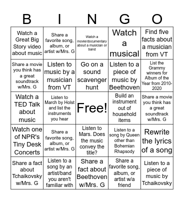 Music Bingo Card