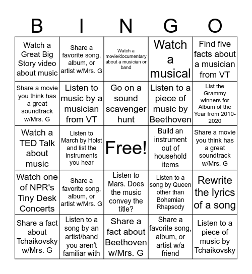 Music Bingo Card