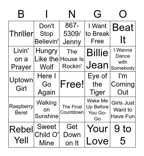 Music Bingo - '80s Bingo Card