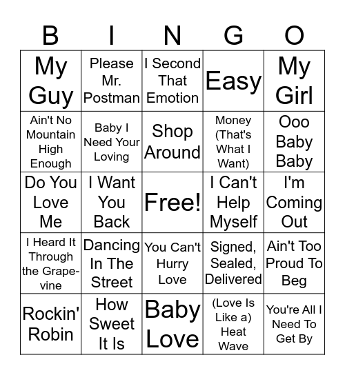 Music Bingo - Motown Bingo Card
