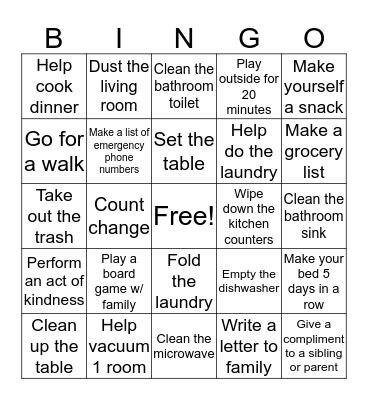 Life Skill Board  Bingo Card