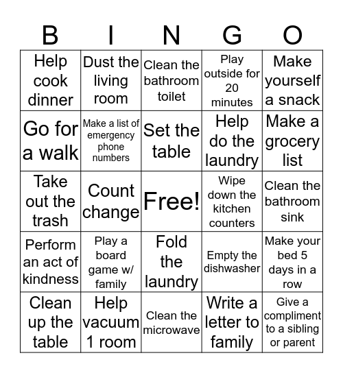 Life Skill Board  Bingo Card