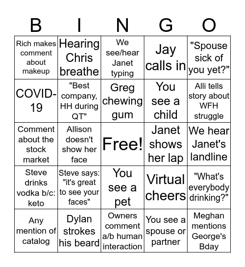 DD HH Bingo Card