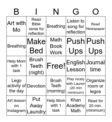 Monday Bingo Card