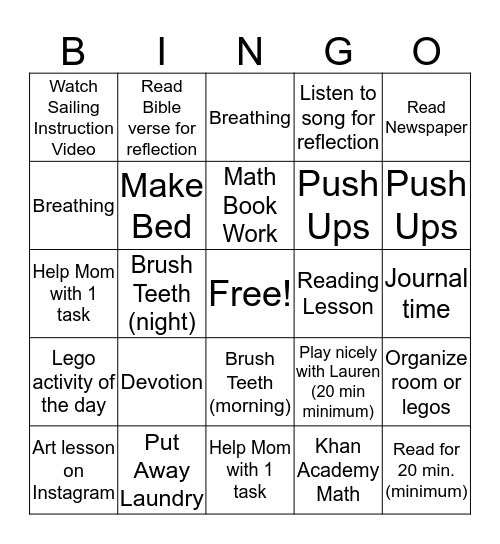 Tuesday Bingo Card