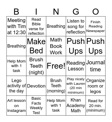 Wednesday Bingo Card