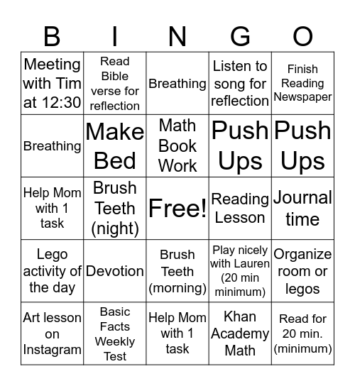 Wednesday Bingo Card