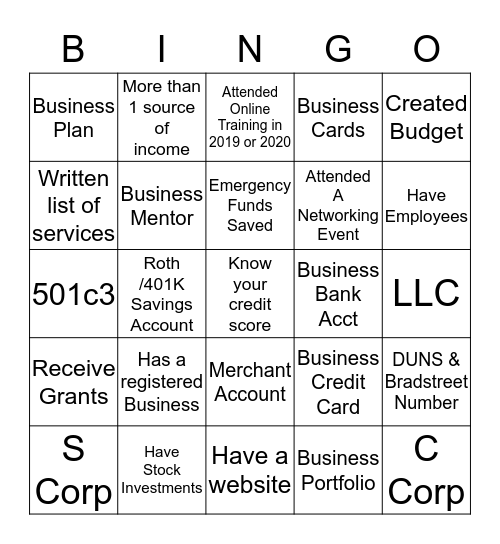 Financial BINGO Card