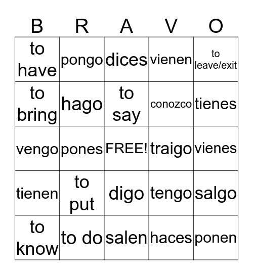 Go, Go, Go Verbs! Bingo Card