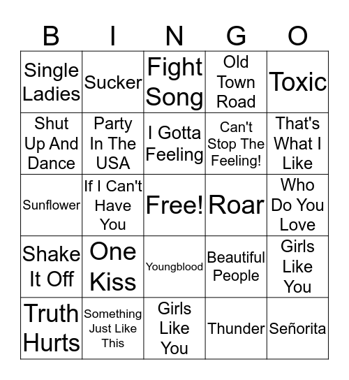 Kidz Bop Music Bingo Card