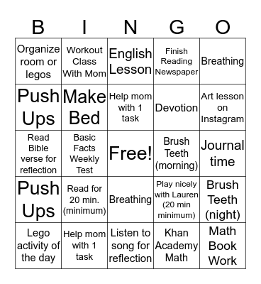 Wednesday Bingo Card