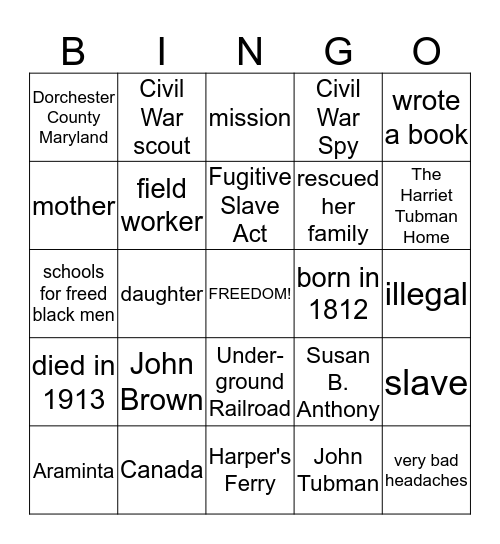 Harriet Tubman Bingo Card