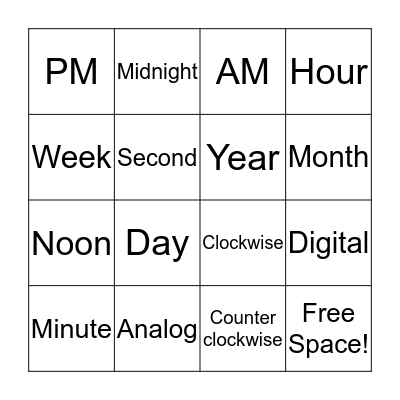 Time Vocabulary Word Bingo! Bingo Card