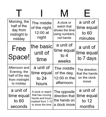 Time Vocabulary Definition Bingo! Bingo Card