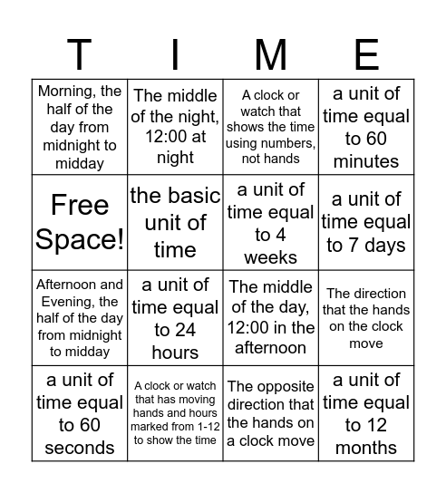 Time Vocabulary Definition Bingo! Bingo Card