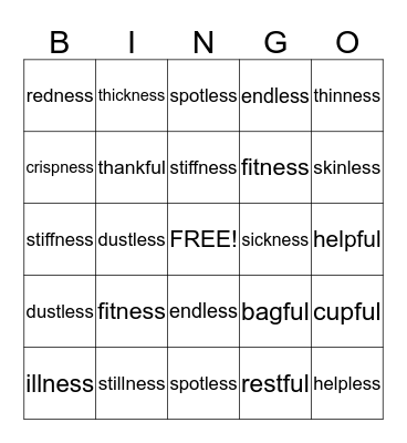 Suffix -ness  -ful  -less Bingo Card
