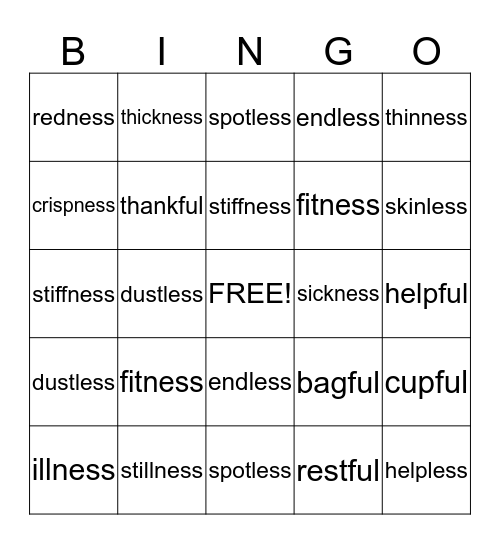 Suffix -ness  -ful  -less Bingo Card