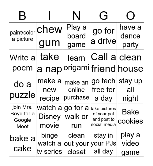 2020 Pandemic Bingo Card