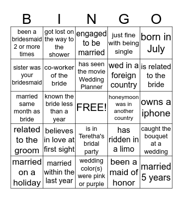 Teretha's Bridal Shower Bingo Card