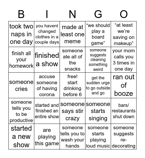 Quarantine Bingo Card