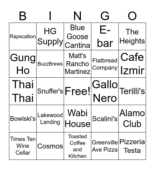 Support Local Restaurants Bingo Card
