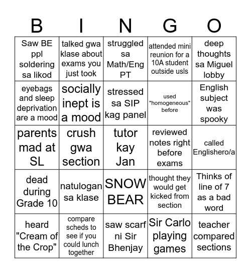Section 10A BINGO Card