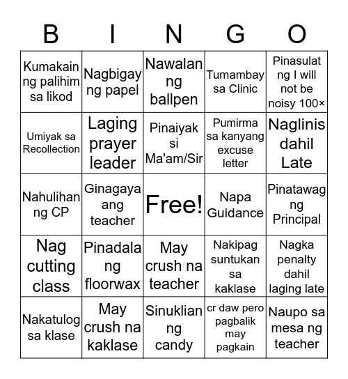 School days  Bingo Card