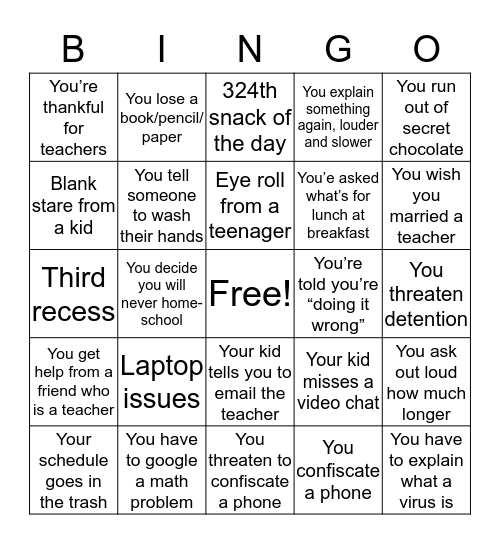 Quarantine Virtual Learning Bingo Card