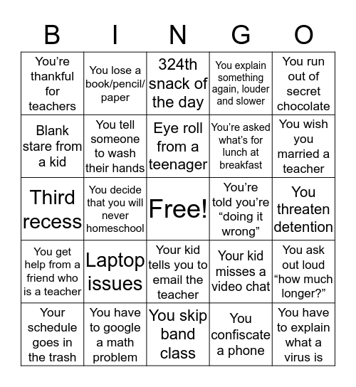 Quarantine Virtual Learning Bingo Card