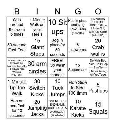 1st - 2nd Grade PE Bingo Card