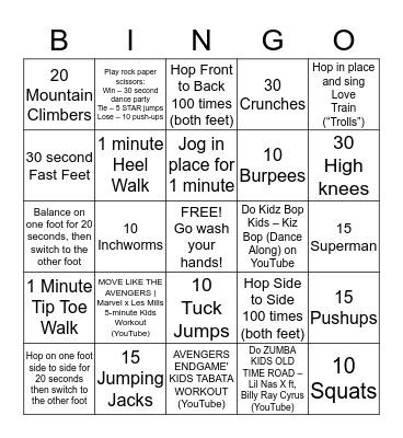 3rd Grade PE Bingo Card