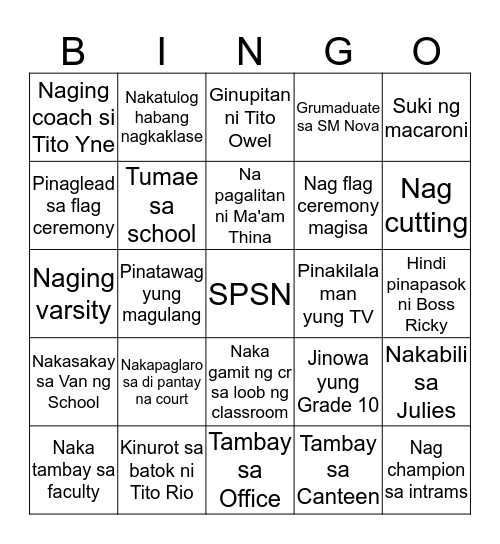 Patricians Bingo Game Bingo Card