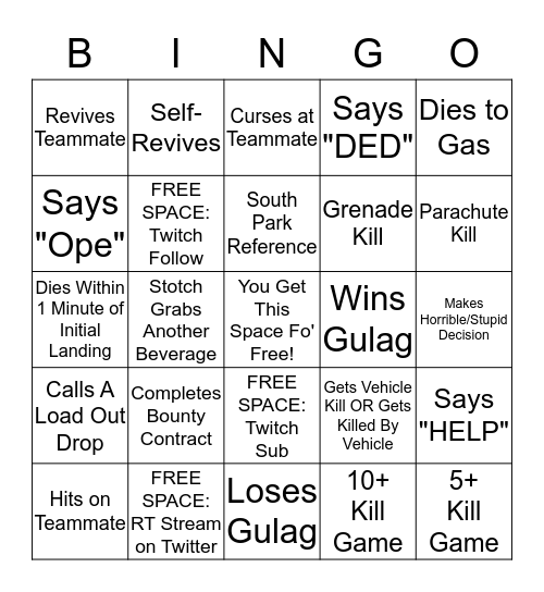 KCR_Stotch CoD Warzone Bingo Card