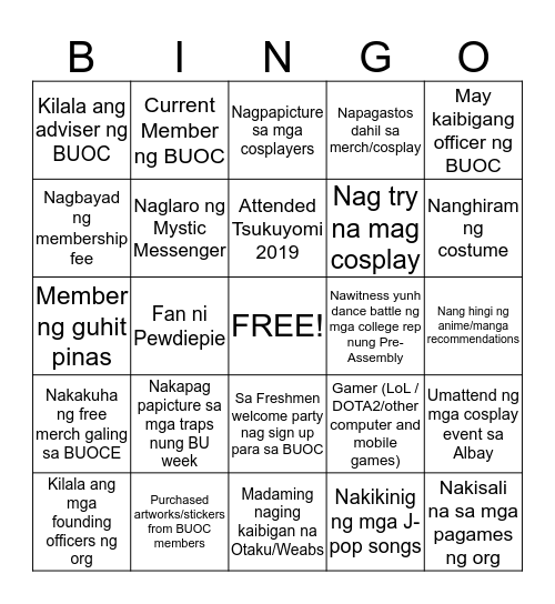 BU Otaku Circle - BINGO Card