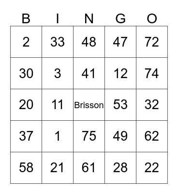 Brisson Bingo Card