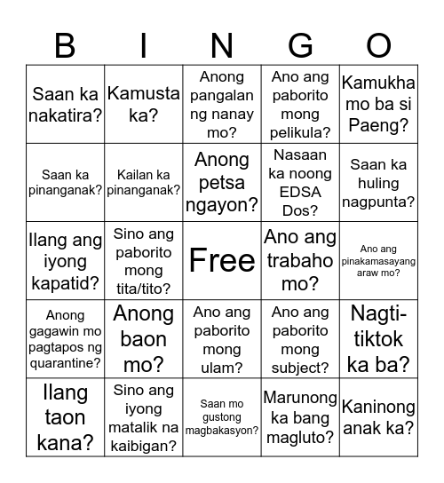 FILIPINO HUMAN BINGO  Bingo Card