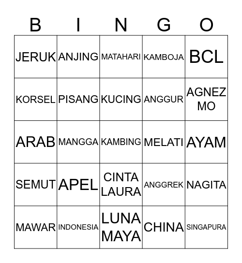 K A N Y A K A Bingo Card