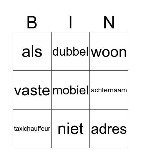 Opmaat thema 1 oef 6 Bingo Card