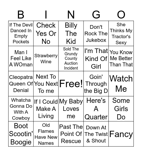 90's Country Bingo Card