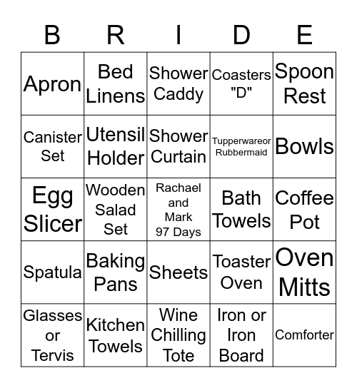 Rachael's Wedding Shower Bingo Card