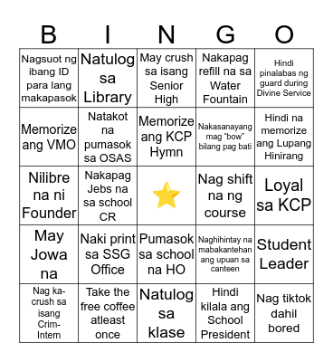 KCP (College Edition) Bingo Card