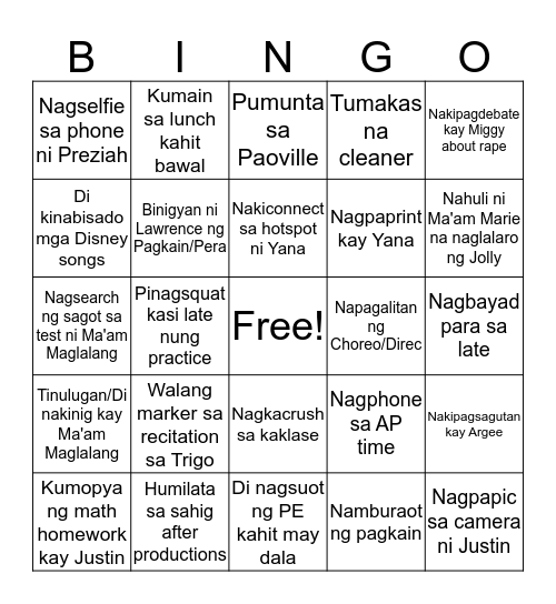 Roent-Go Bingo Card