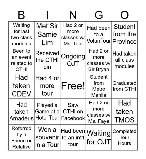 CTHI Checklist Bingo Card