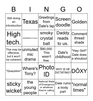 CoVideo Conference 19 Bingo Card