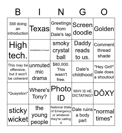 CoVideo Conference 19 Bingo Card